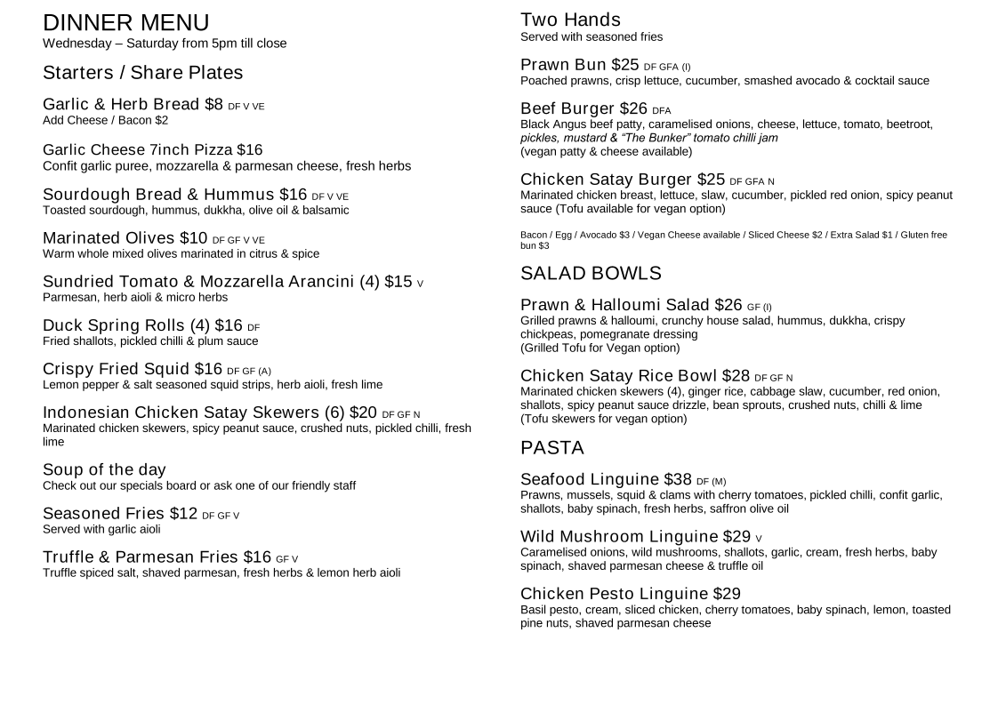 Menu, Bunker Bar