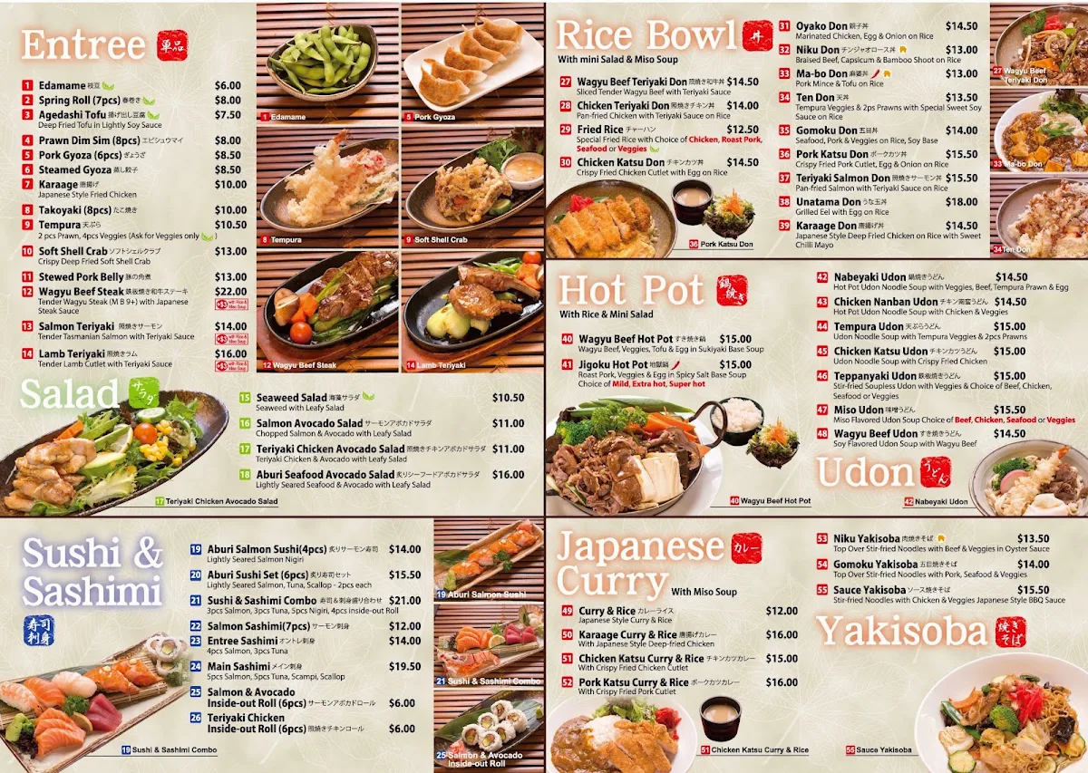 Menu, condor japanese restaurant