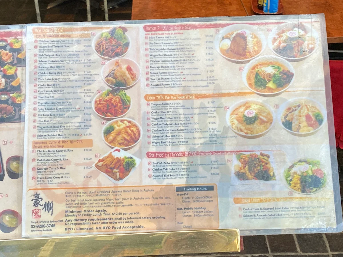 Menu, condor japanese restaurant