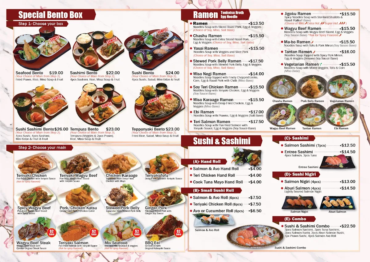 Menu, condor japanese restaurant