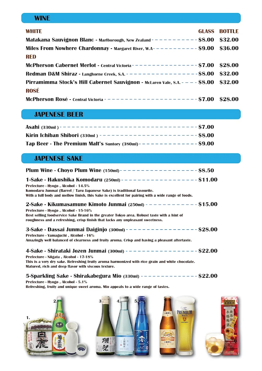 Menu, condor japanese restaurant
