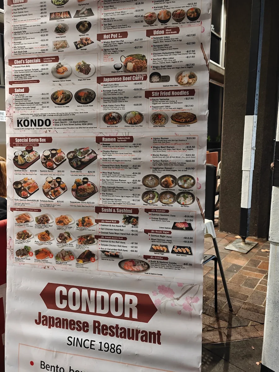 Menu, condor japanese restaurant