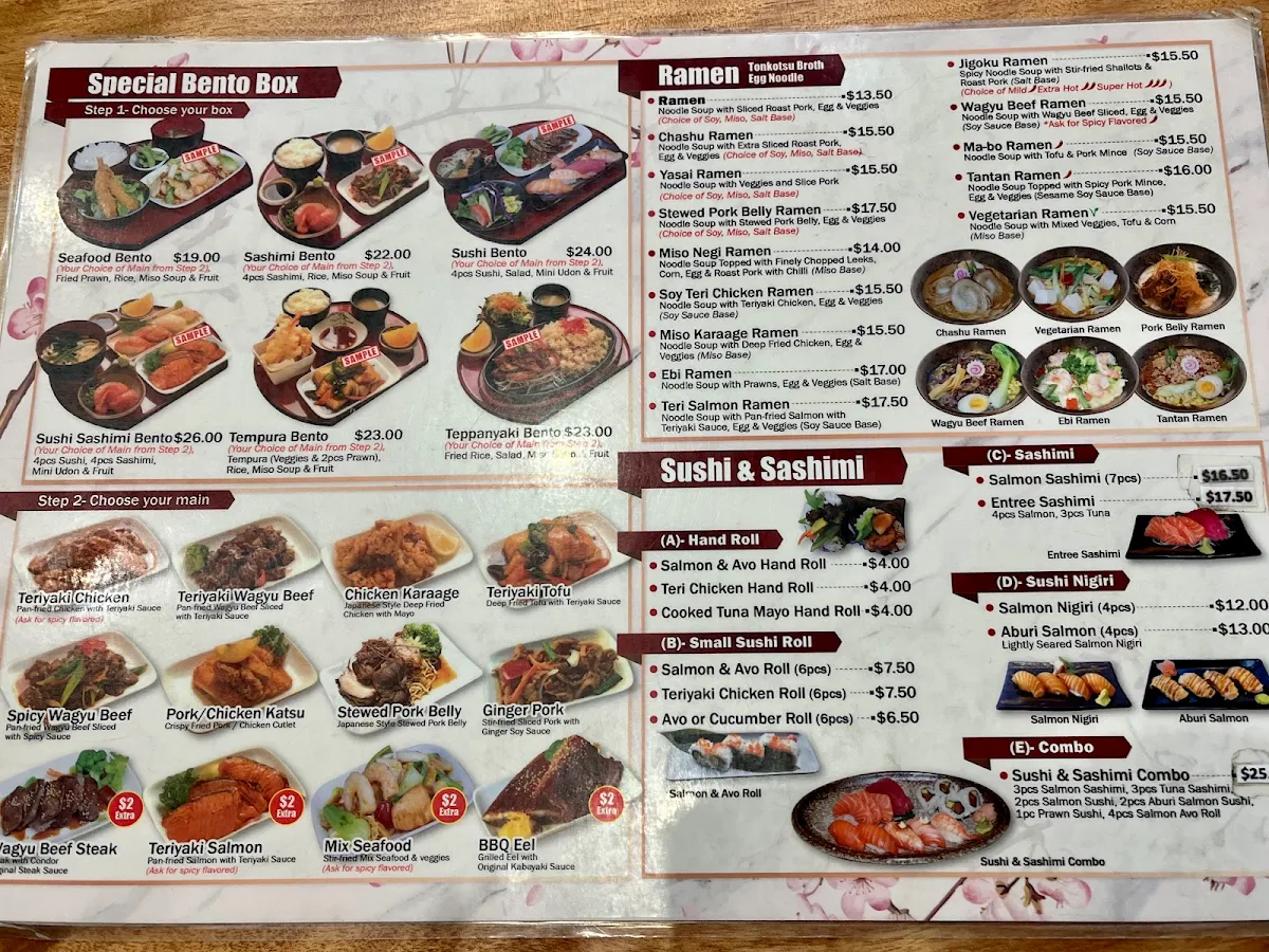 Menu, condor japanese restaurant