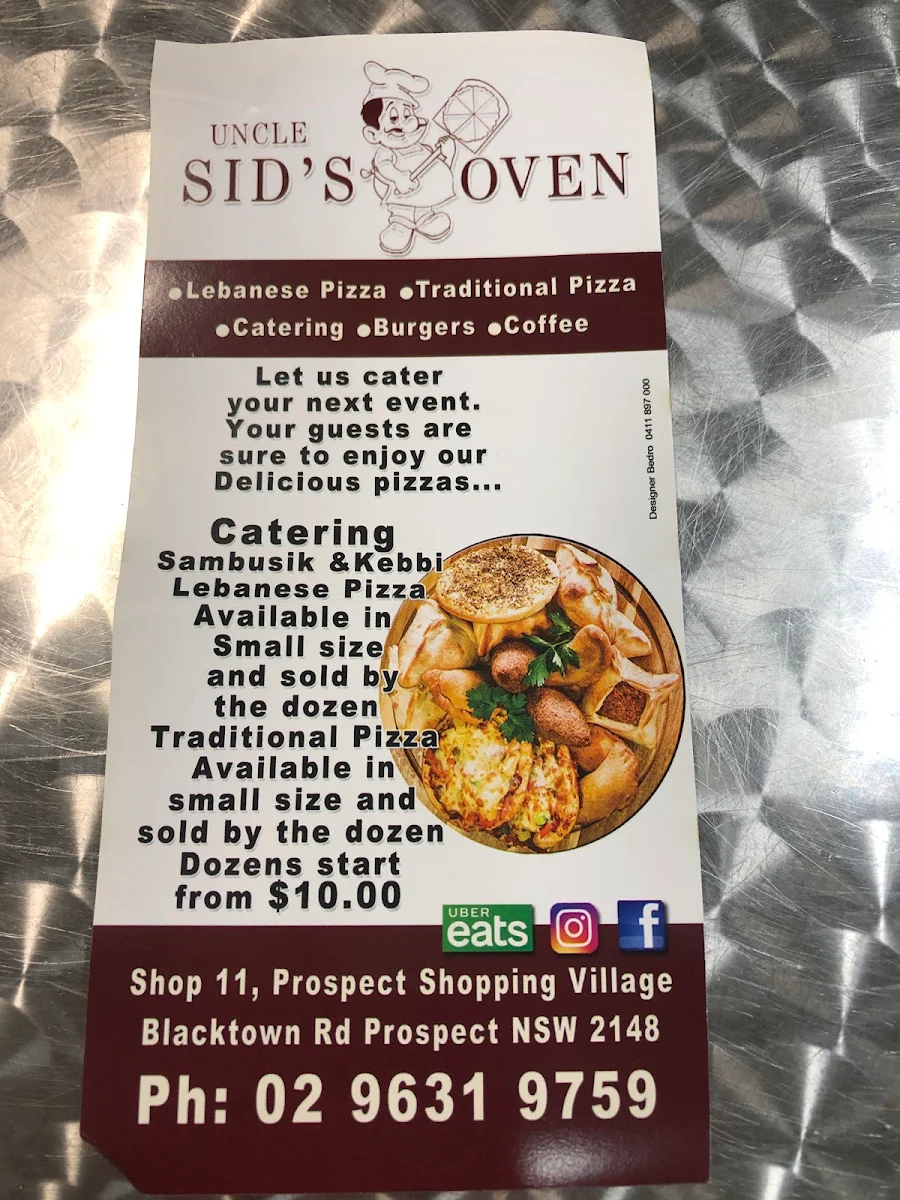 Menu, Uncle Sid's Oven - Bakery