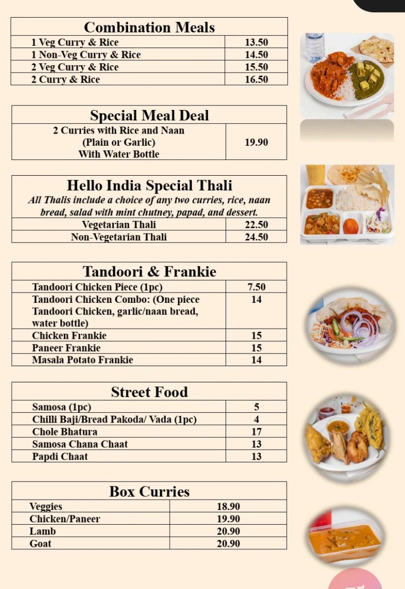 Menu, Hello India Mq