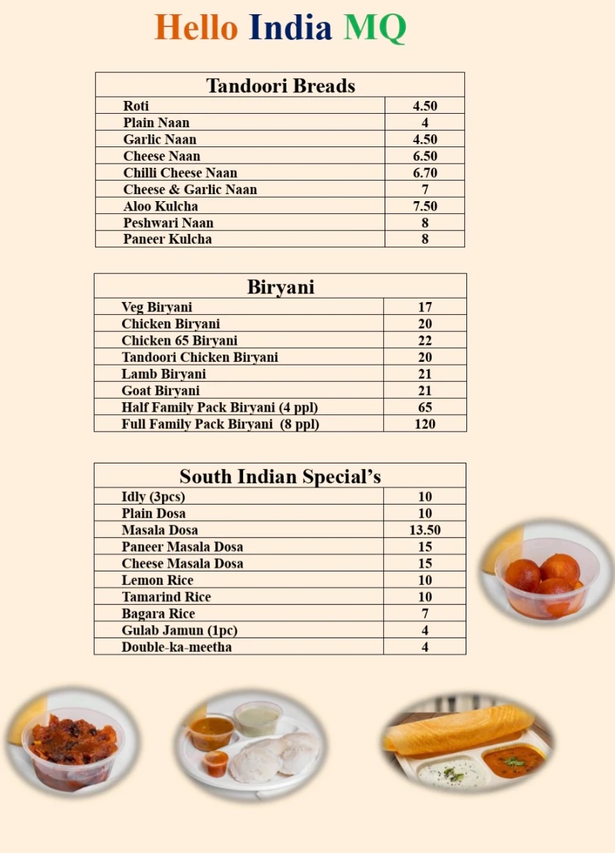 Menu, Hello India Mq