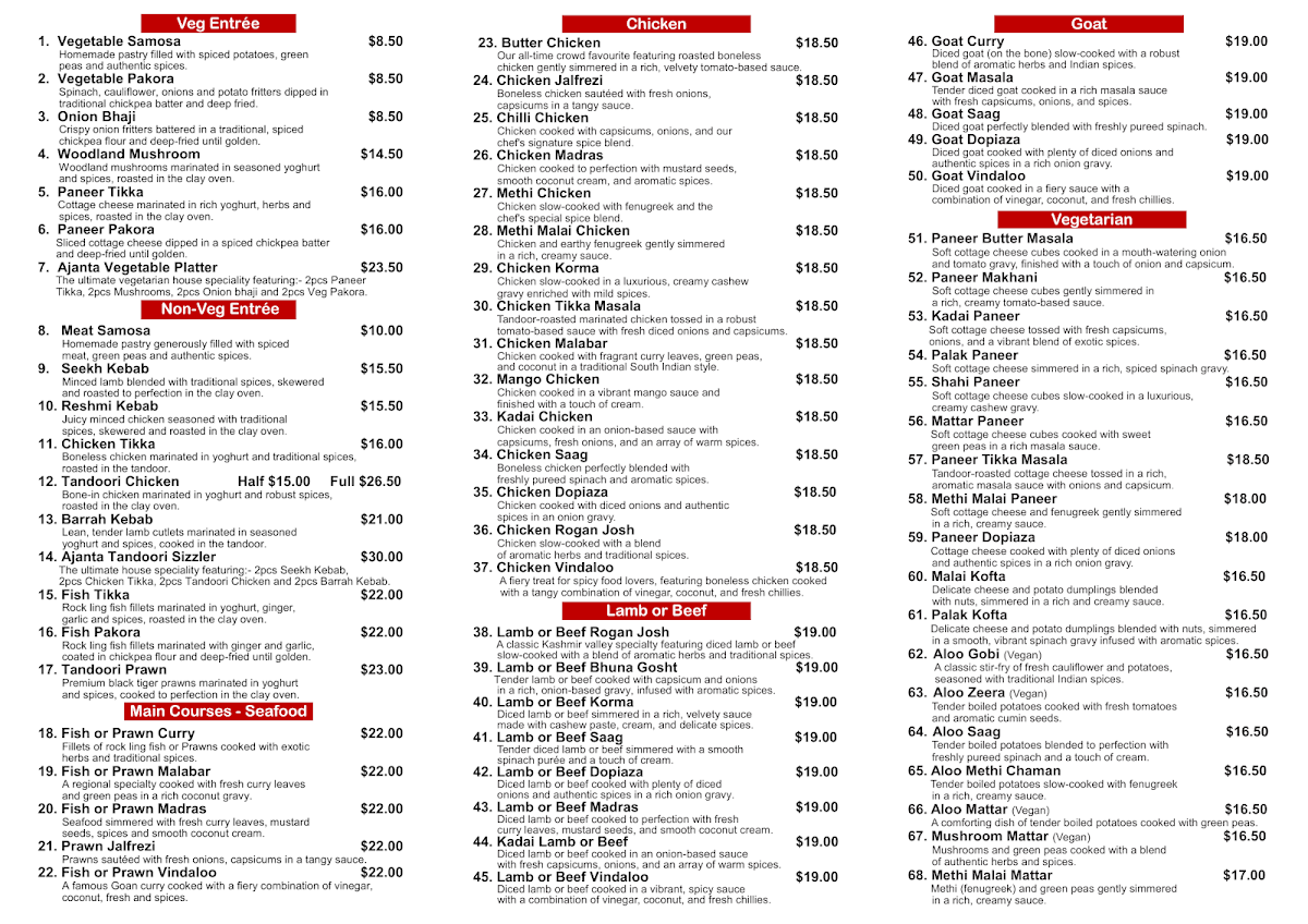 Menu, Ajanta Indian Restaurant
