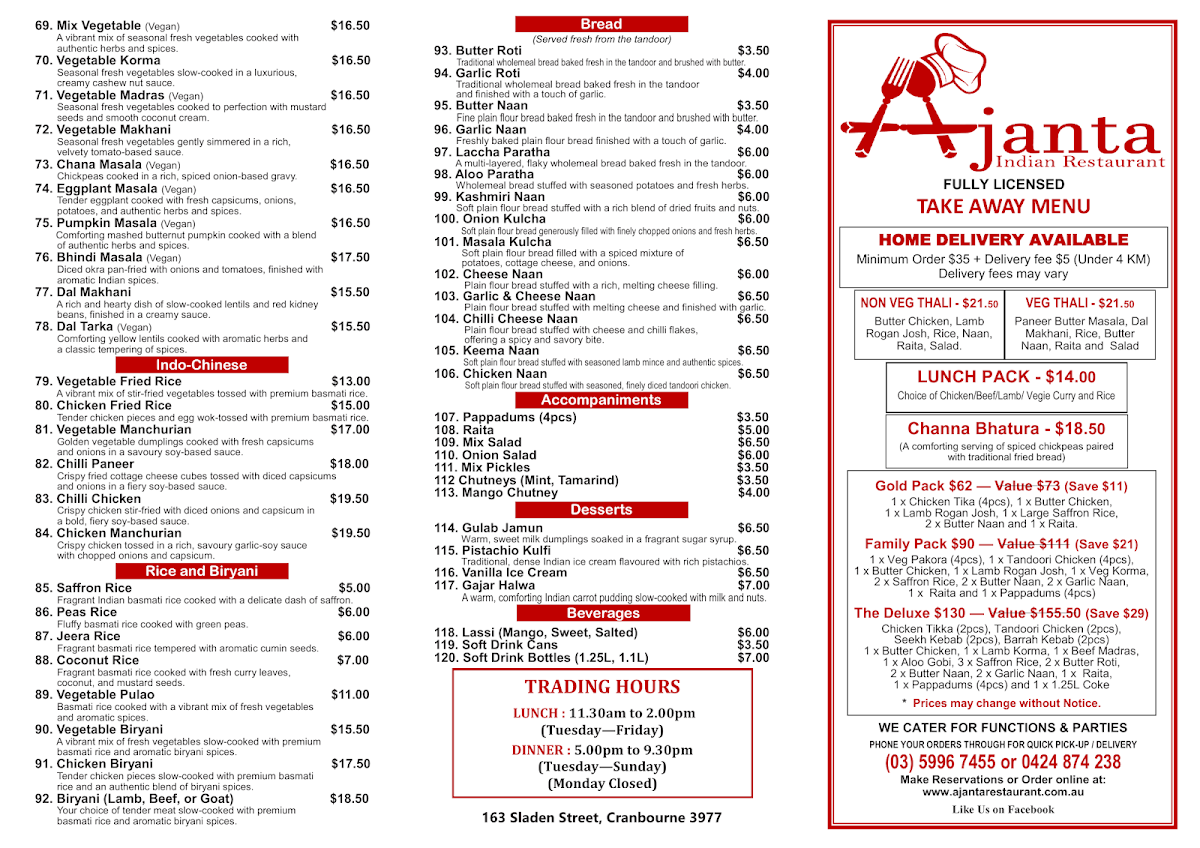 Menu, Ajanta Indian Restaurant