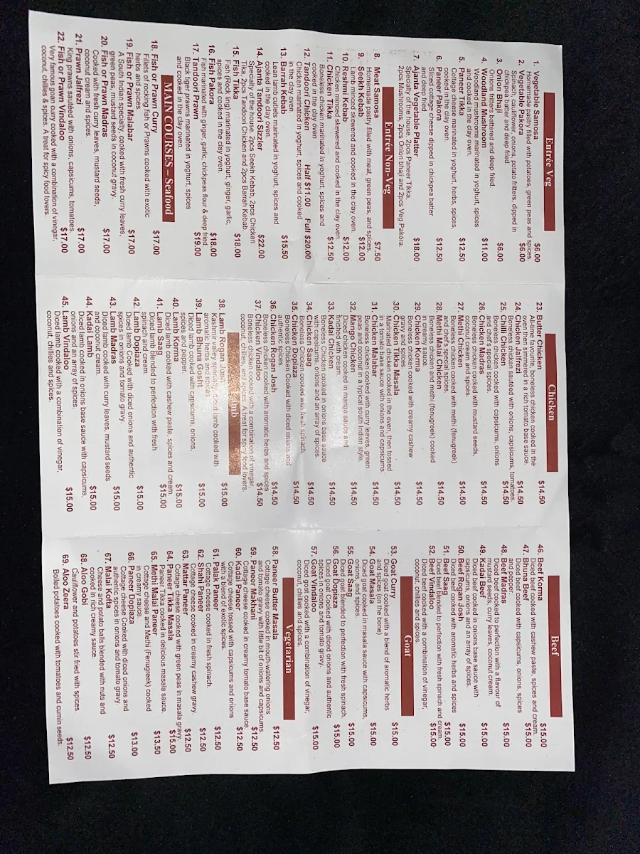 Menu, Ajanta Indian Restaurant