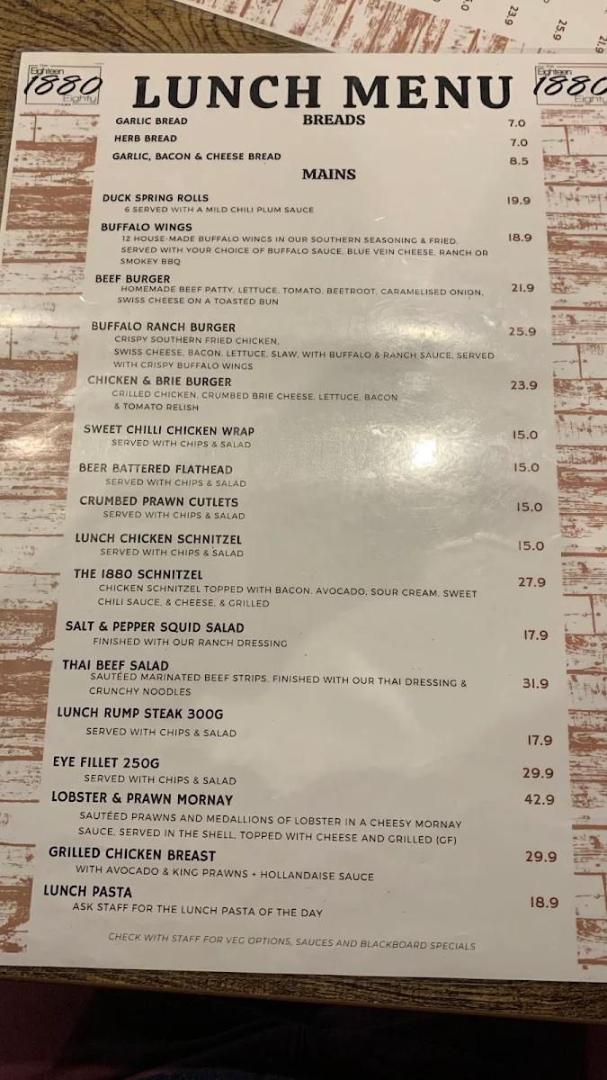 Menu, The 1880 Tavern