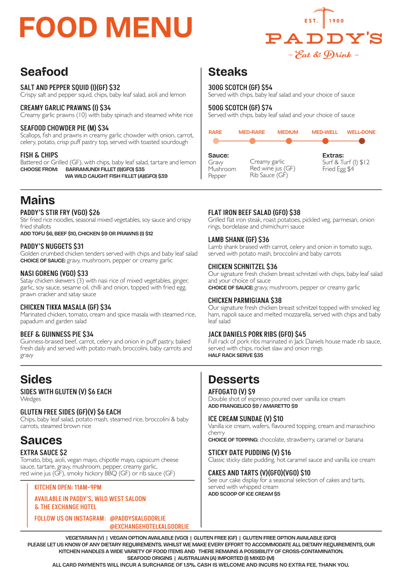 Menu, Exchange Hotel