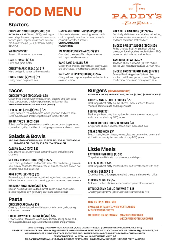 Menu, Exchange Hotel
