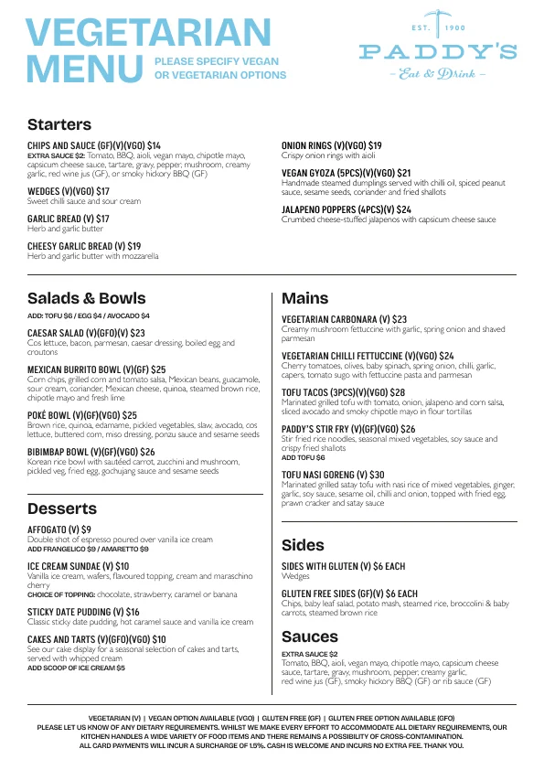 Menu, Exchange Hotel