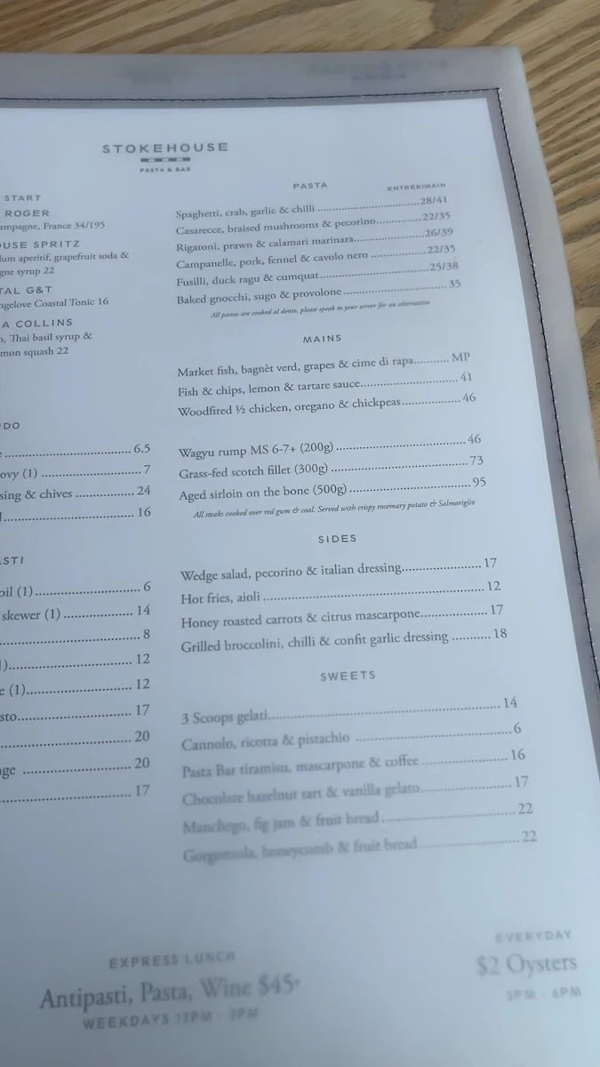 Menu, Stokehouse Pasta & Bar