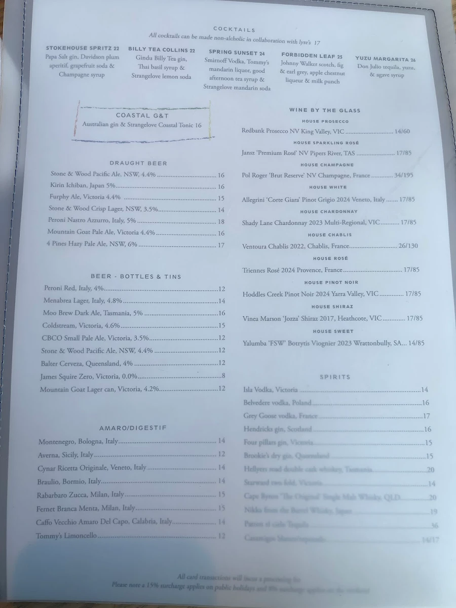 Menu, Stokehouse Pasta & Bar