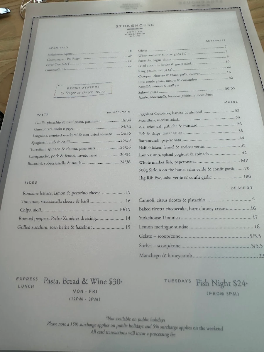 Menu, Stokehouse Pasta & Bar