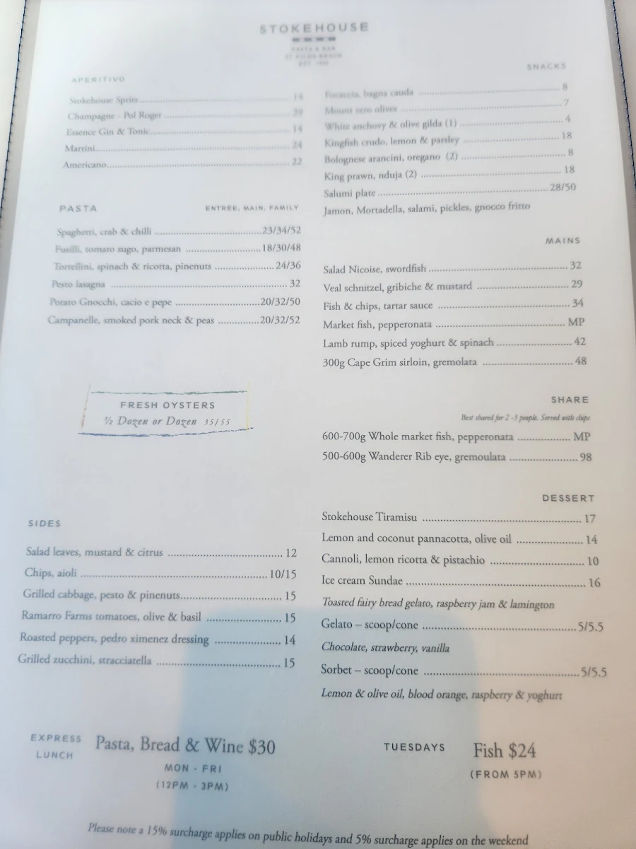 Menu, Stokehouse Pasta & Bar