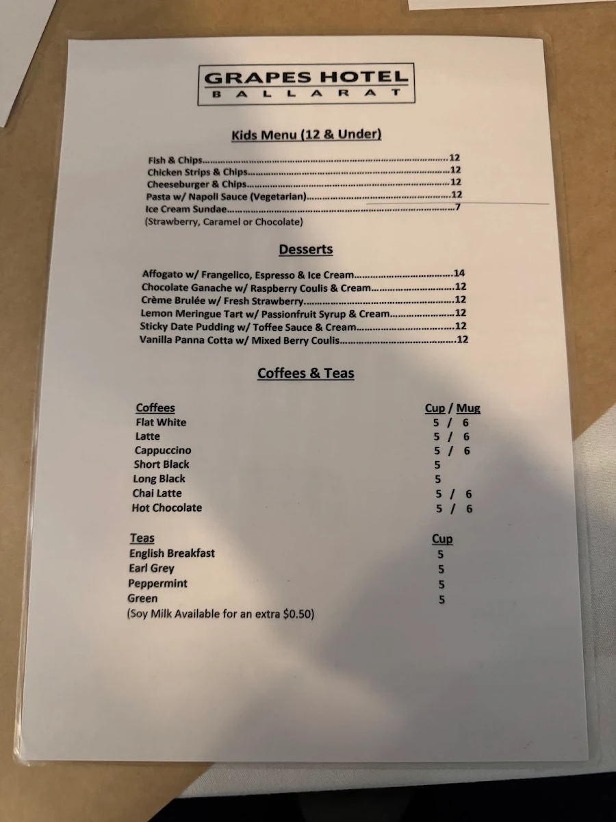 Menu, The Grapes Hotel