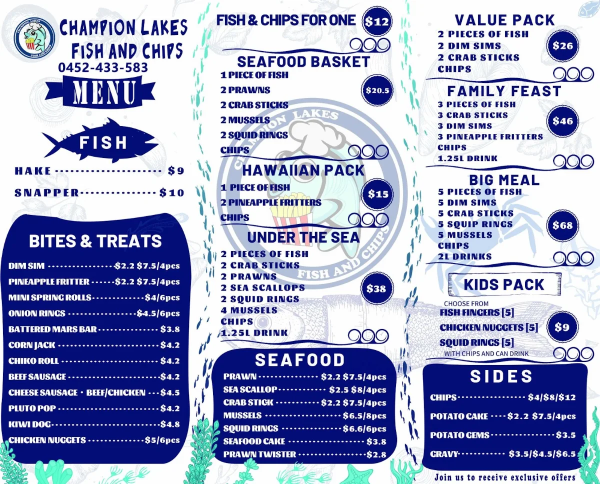 Menu, Champion Lakes Fish and Chips
