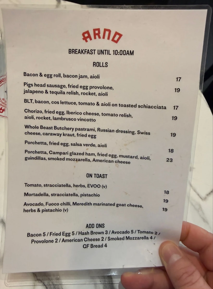 Menu, Arno Deli Newcastle