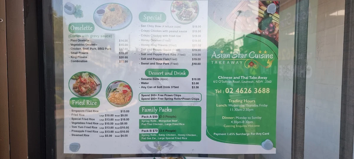 Menu, Asian Star Cuisine Takeaway
