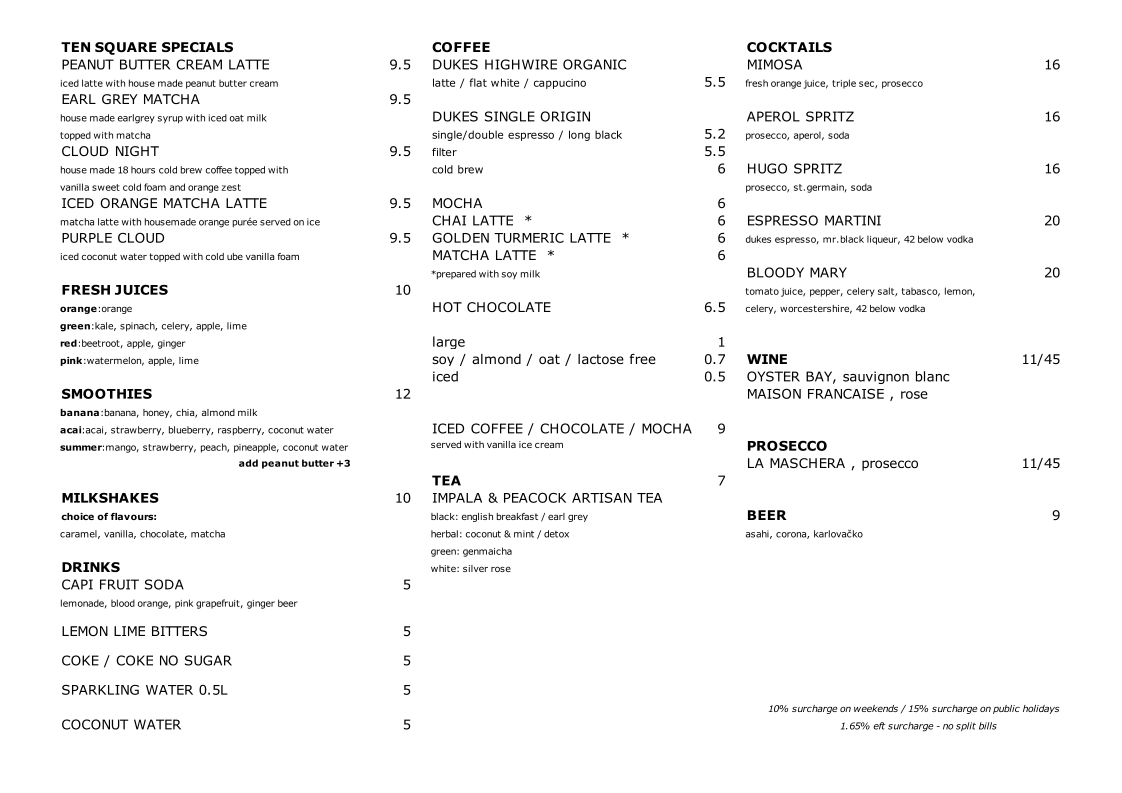 Menu, Ten Square Cafe