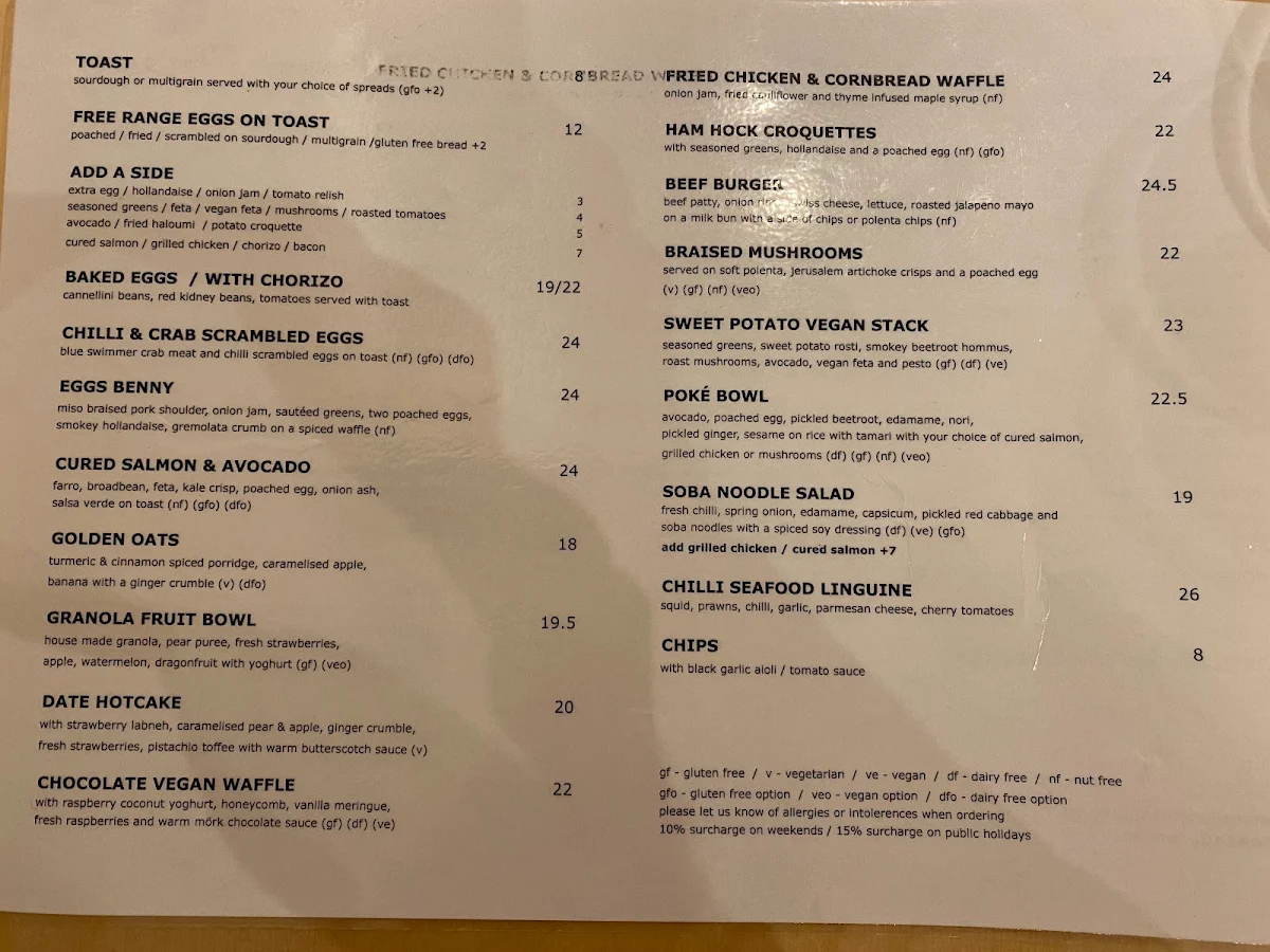 Menu, Ten Square Cafe