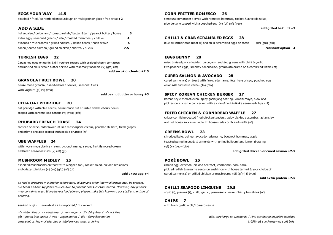 Menu, Ten Square Cafe