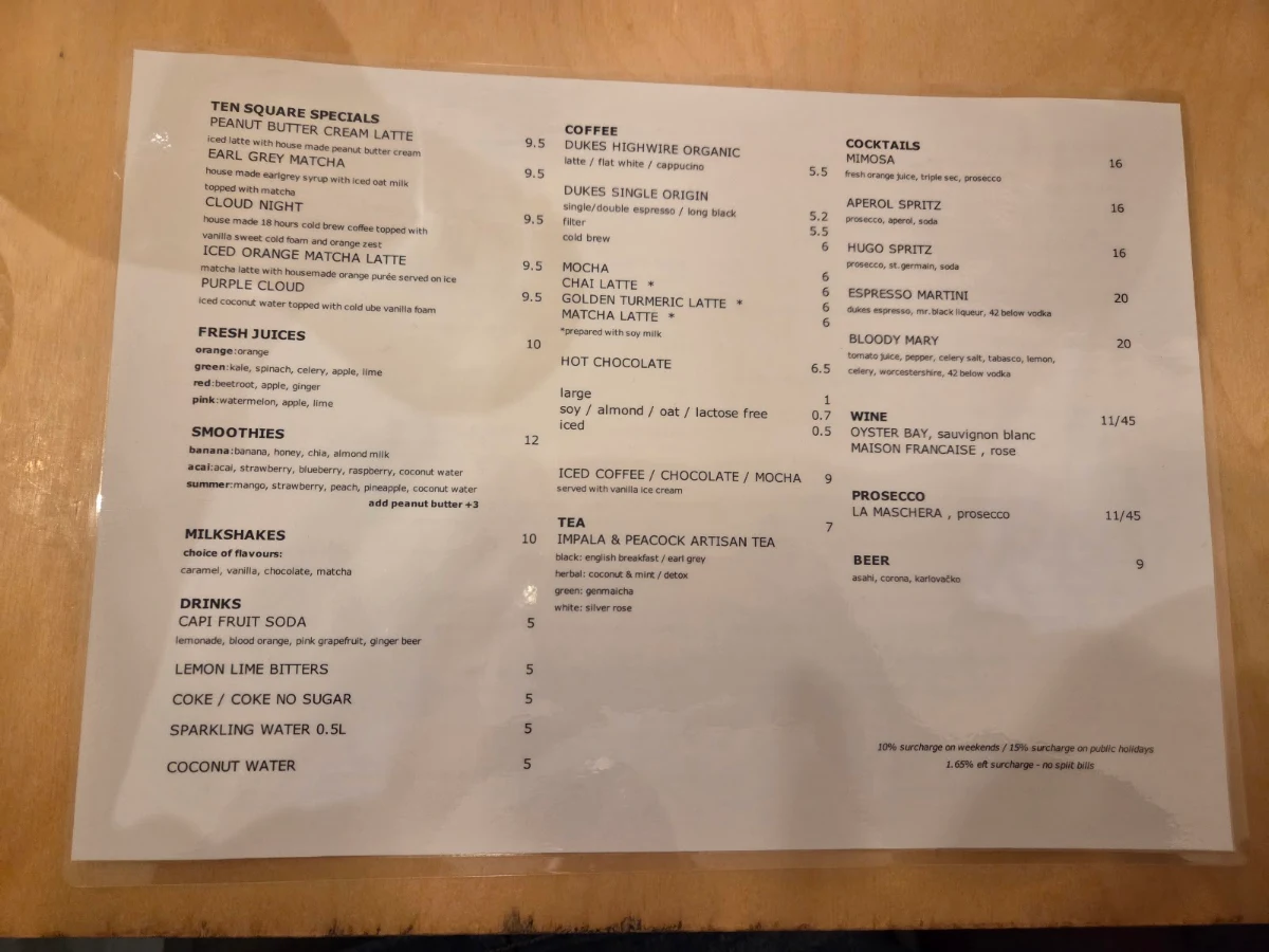 Menu, Ten Square Cafe