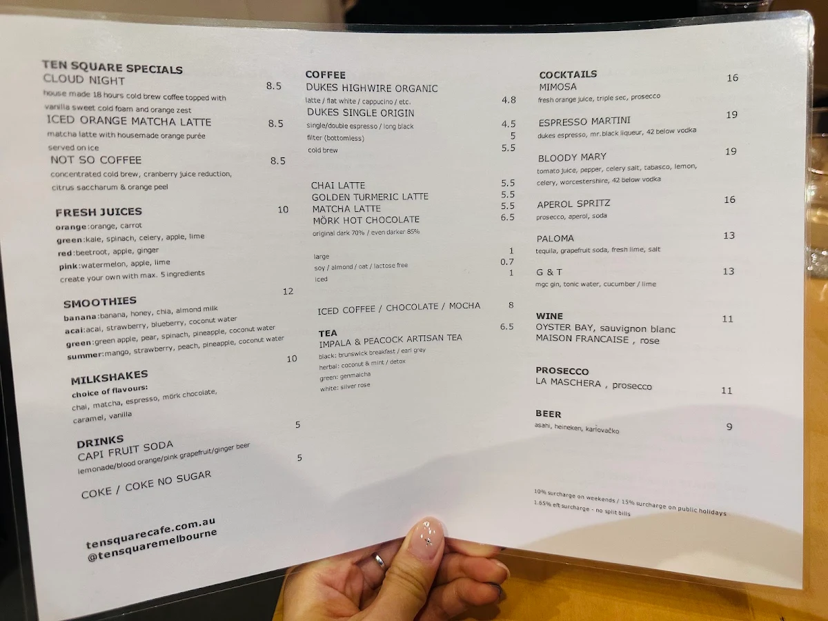 Menu, Ten Square Cafe