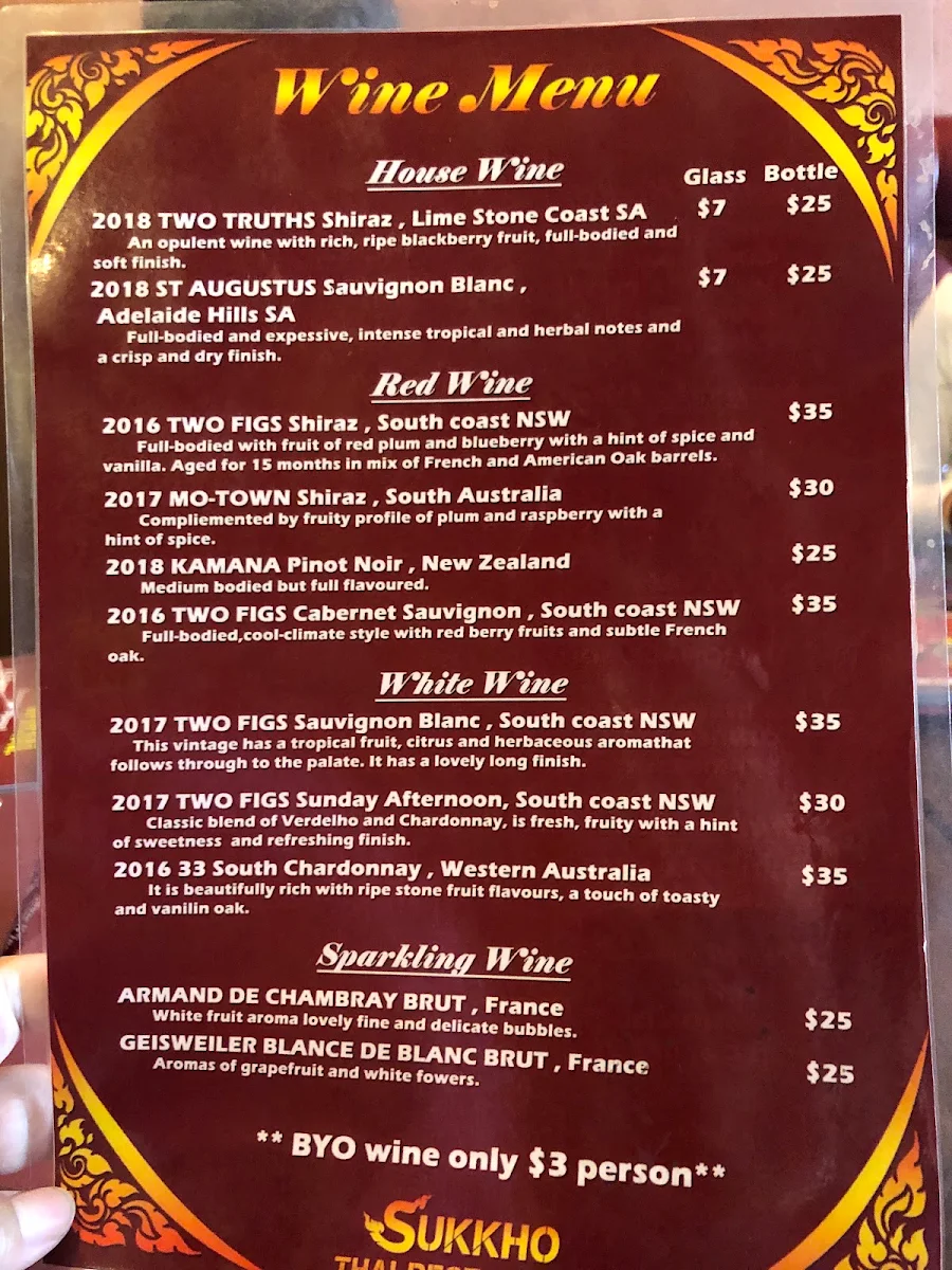 Menu, Sukkho Thai Restaurant Thirroul