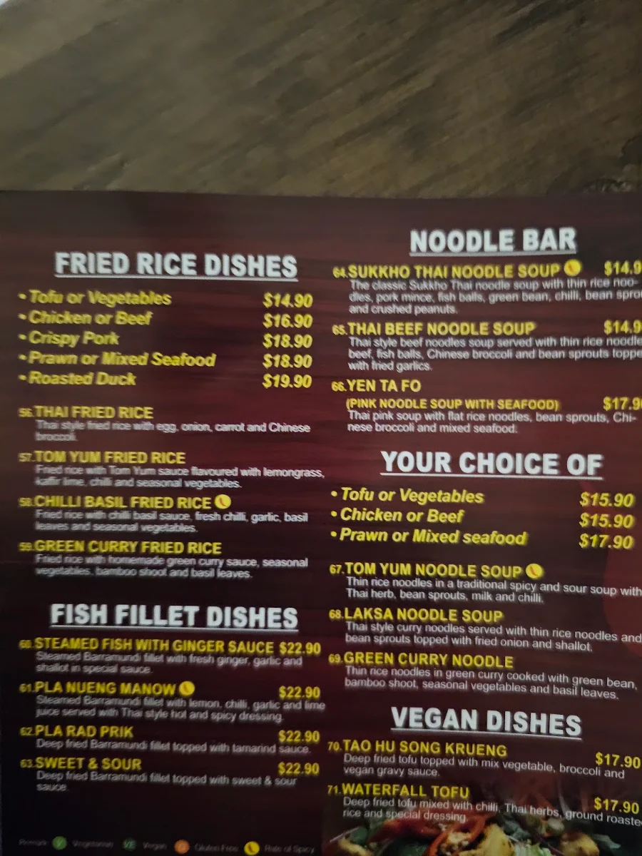 Menu, Sukkho Thai Restaurant Thirroul