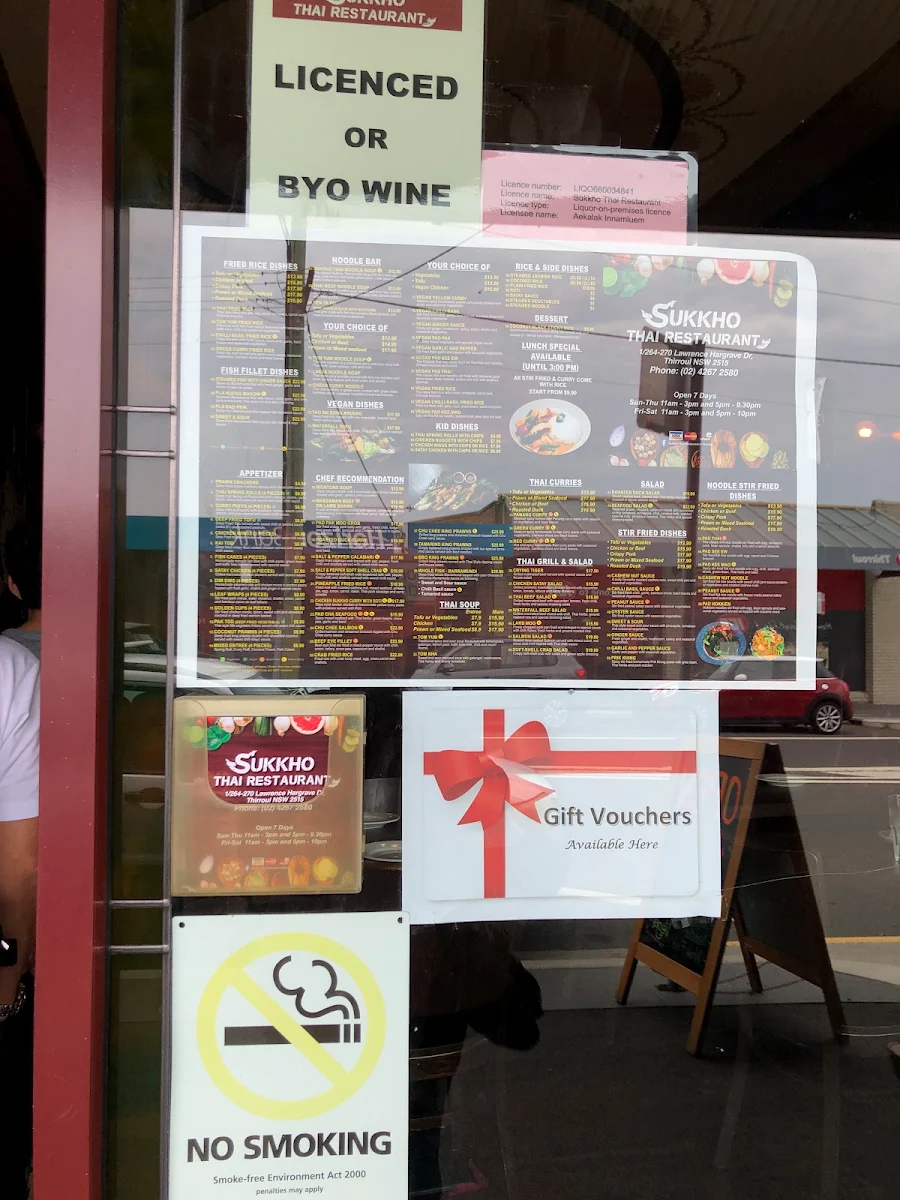 Menu, Sukkho Thai Restaurant Thirroul