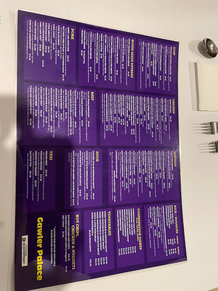 Menu, Gawler Palace Chinese Restaurant