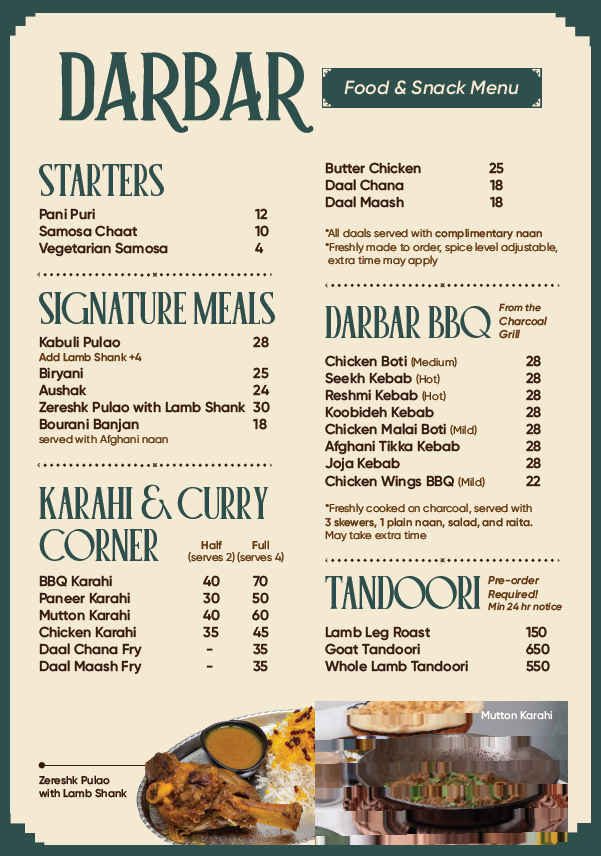 Menu, Darbar Cafe Mirrabooka