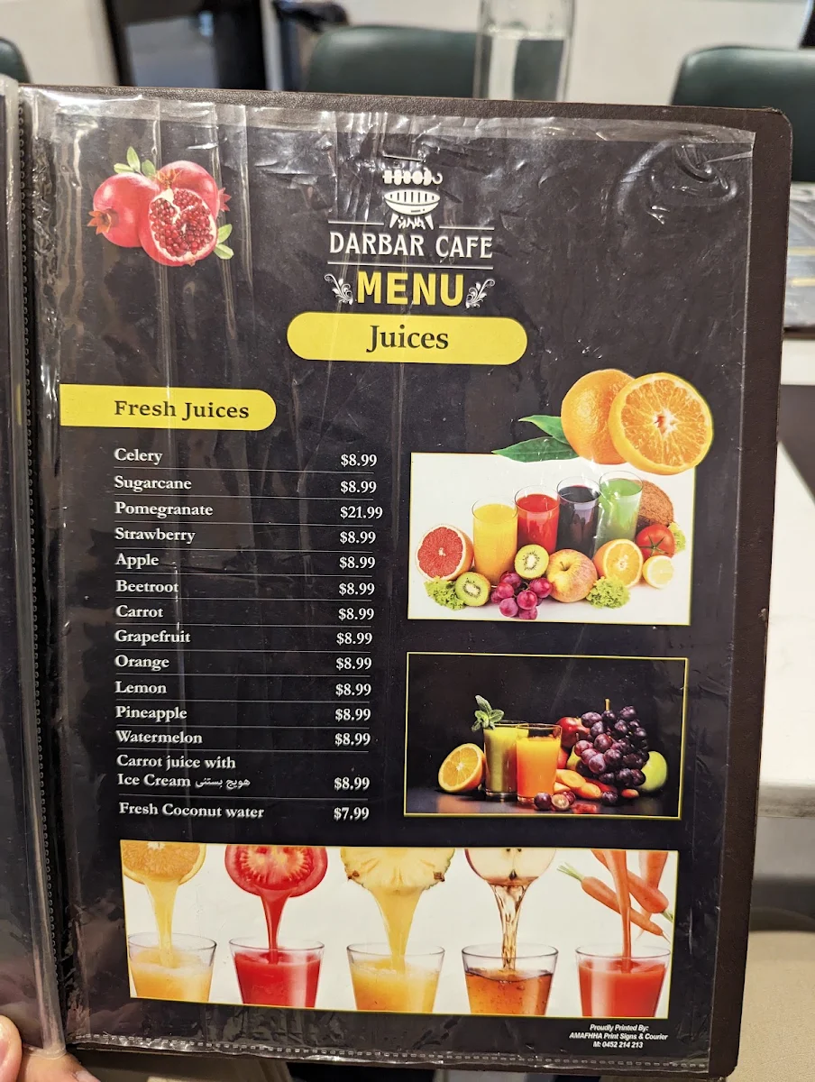 Menu, Darbar Cafe Mirrabooka