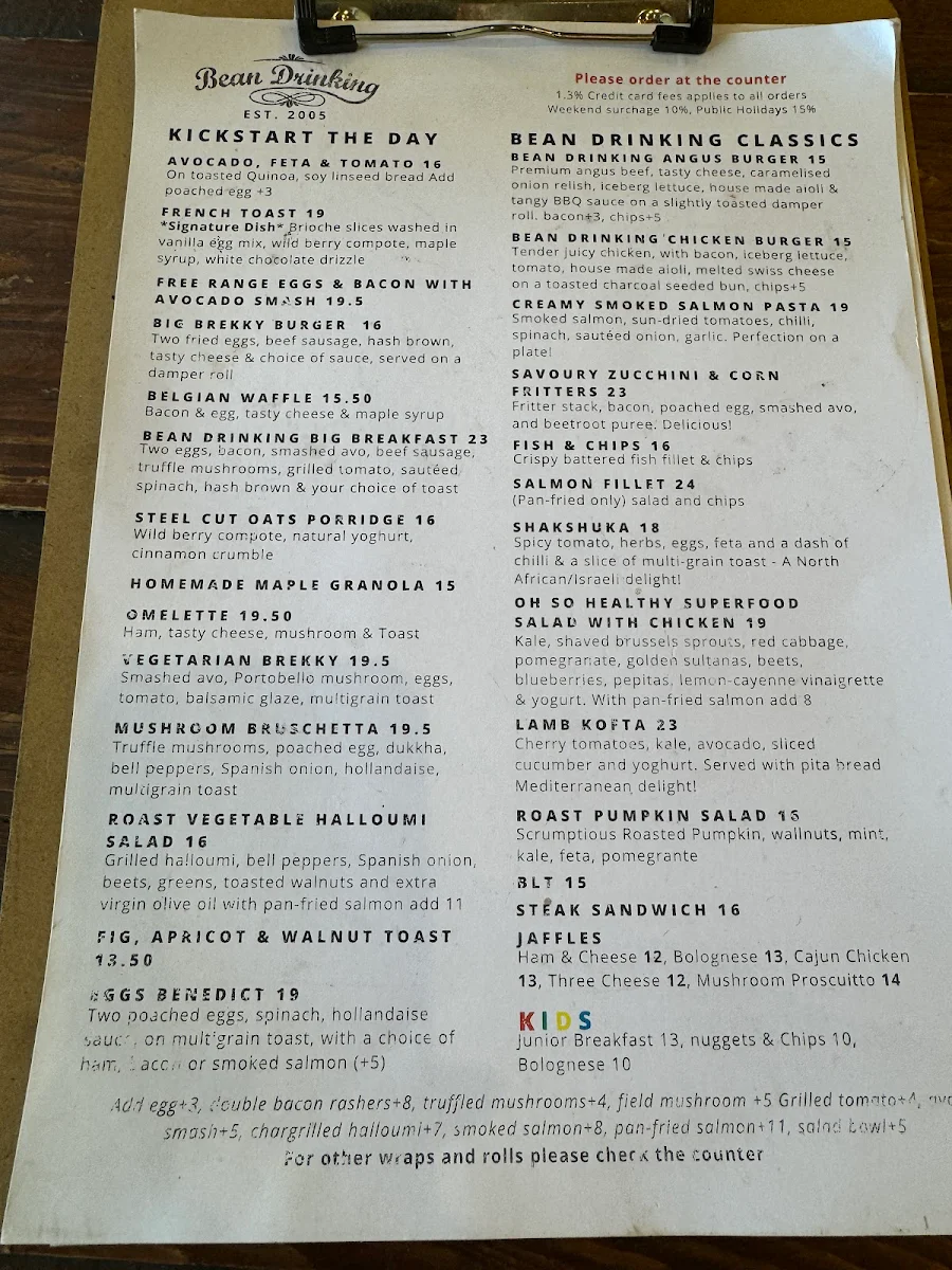 Menu, Bean Drinking