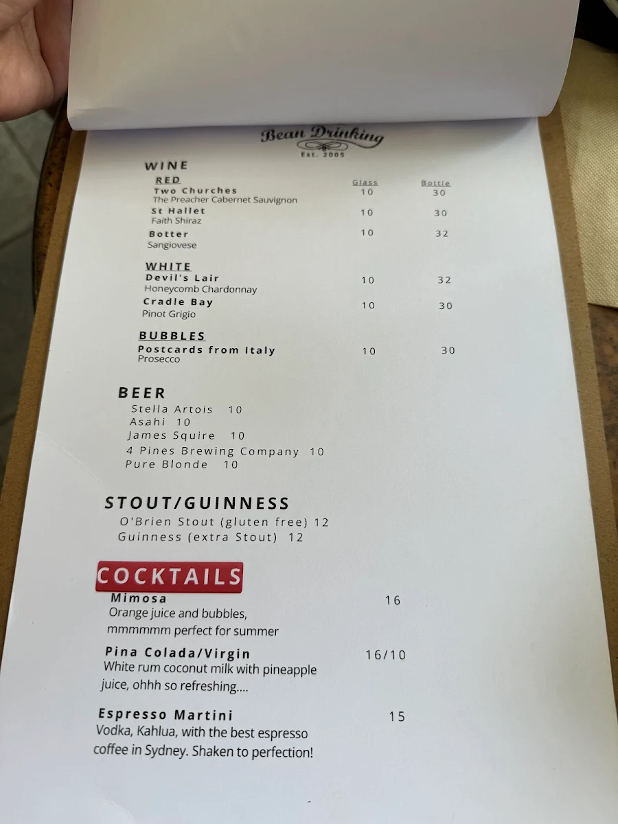 Menu, Bean Drinking