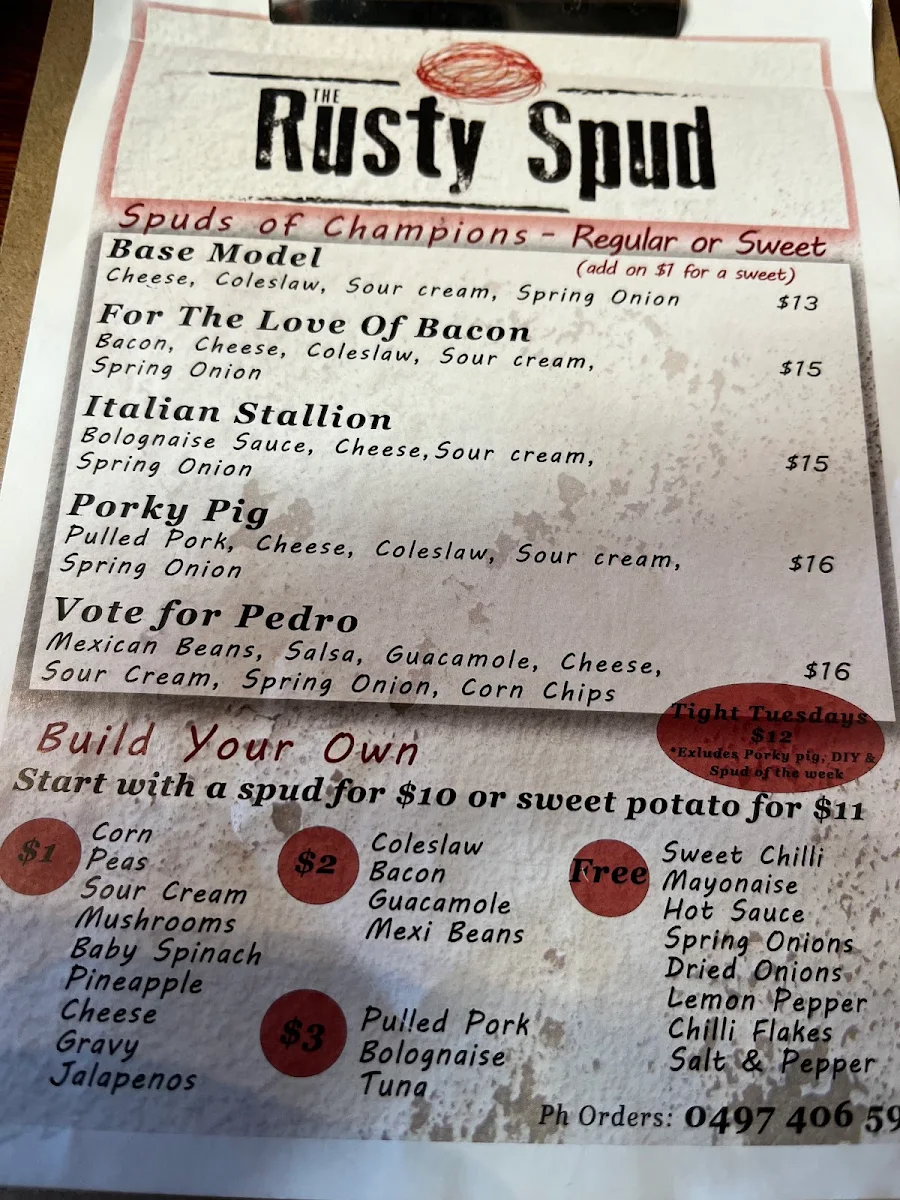 Menu, The Rusty Spud - Baked Potato Bar and Quick Service Restaurant