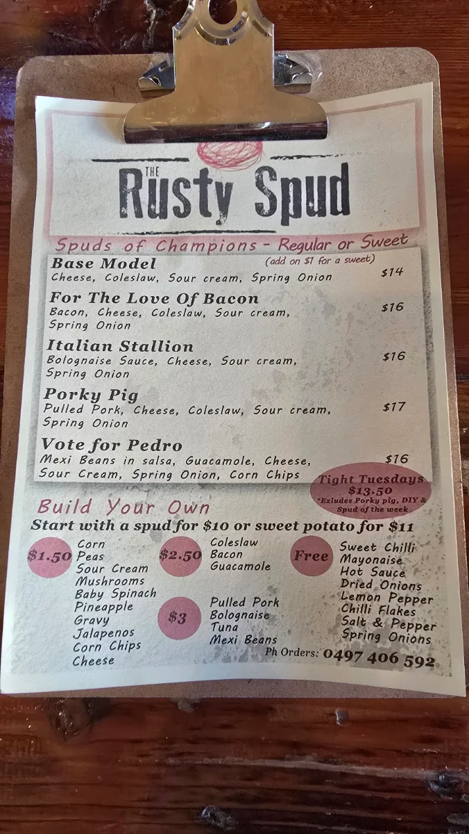 Menu, The Rusty Spud - Baked Potato Bar and Quick Service Restaurant