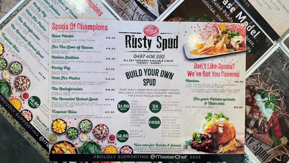 Menu, The Rusty Spud - Baked Potato Bar and Quick Service Restaurant