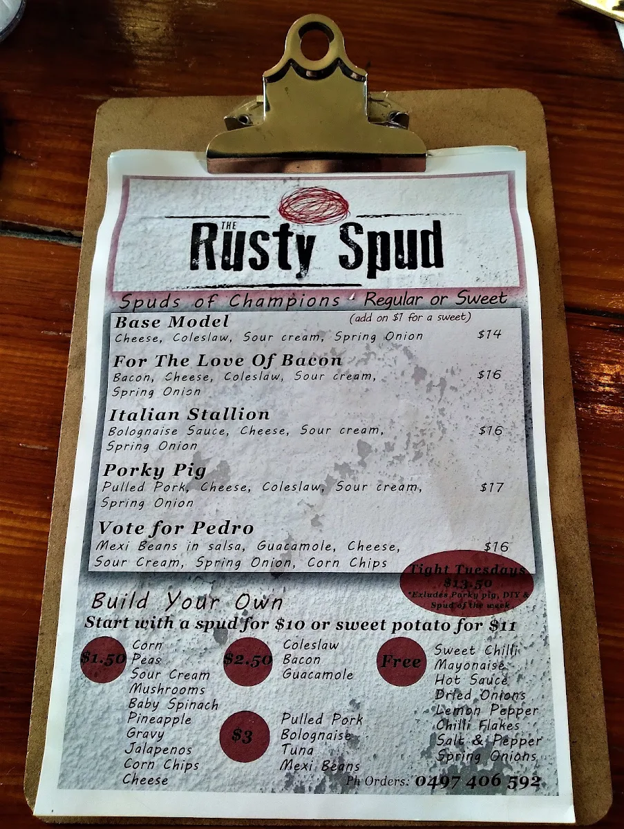 Menu, The Rusty Spud - Baked Potato Bar and Quick Service Restaurant