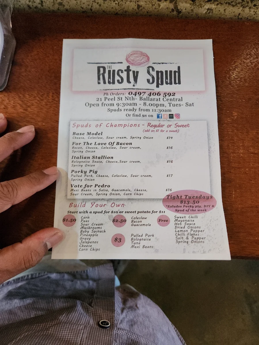 Menu, The Rusty Spud - Baked Potato Bar and Quick Service Restaurant