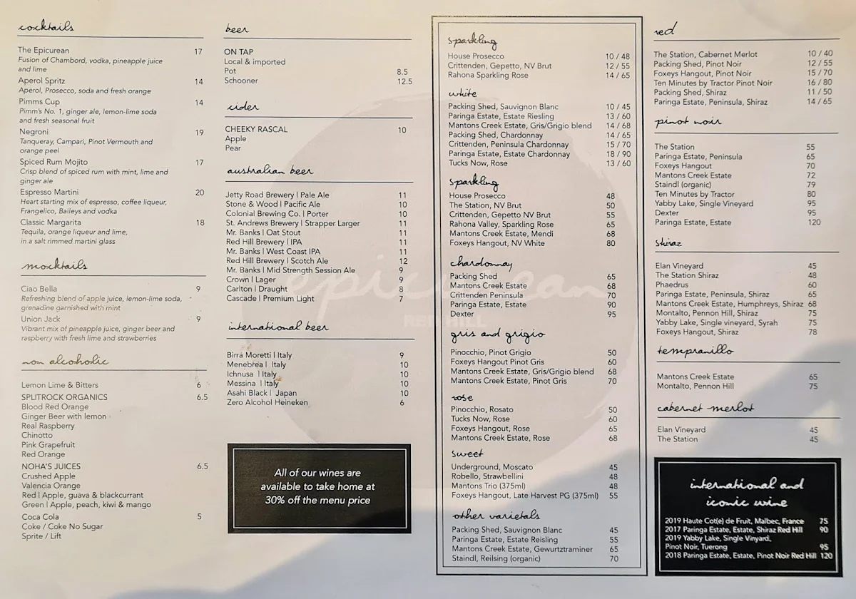 Menu, The Epicurean Red Hill