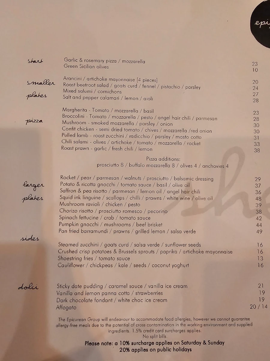 Menu, The Epicurean Red Hill
