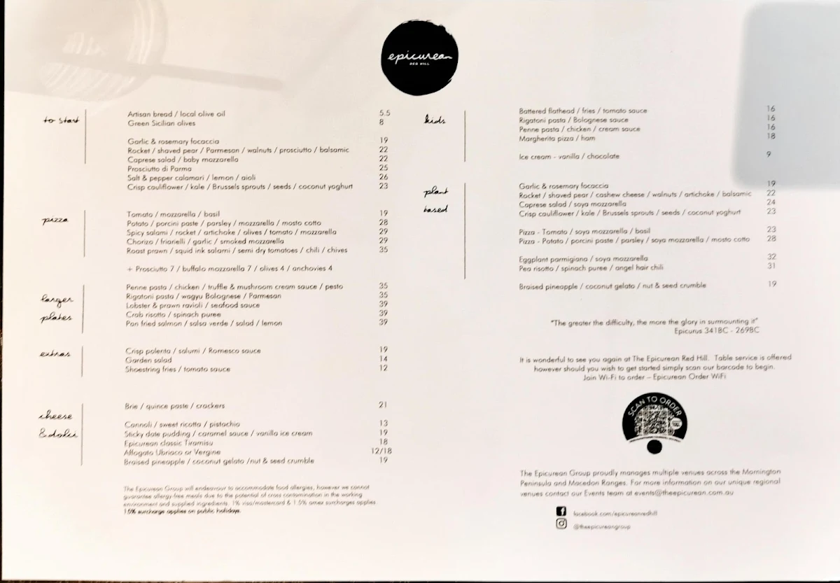 Menu, The Epicurean Red Hill