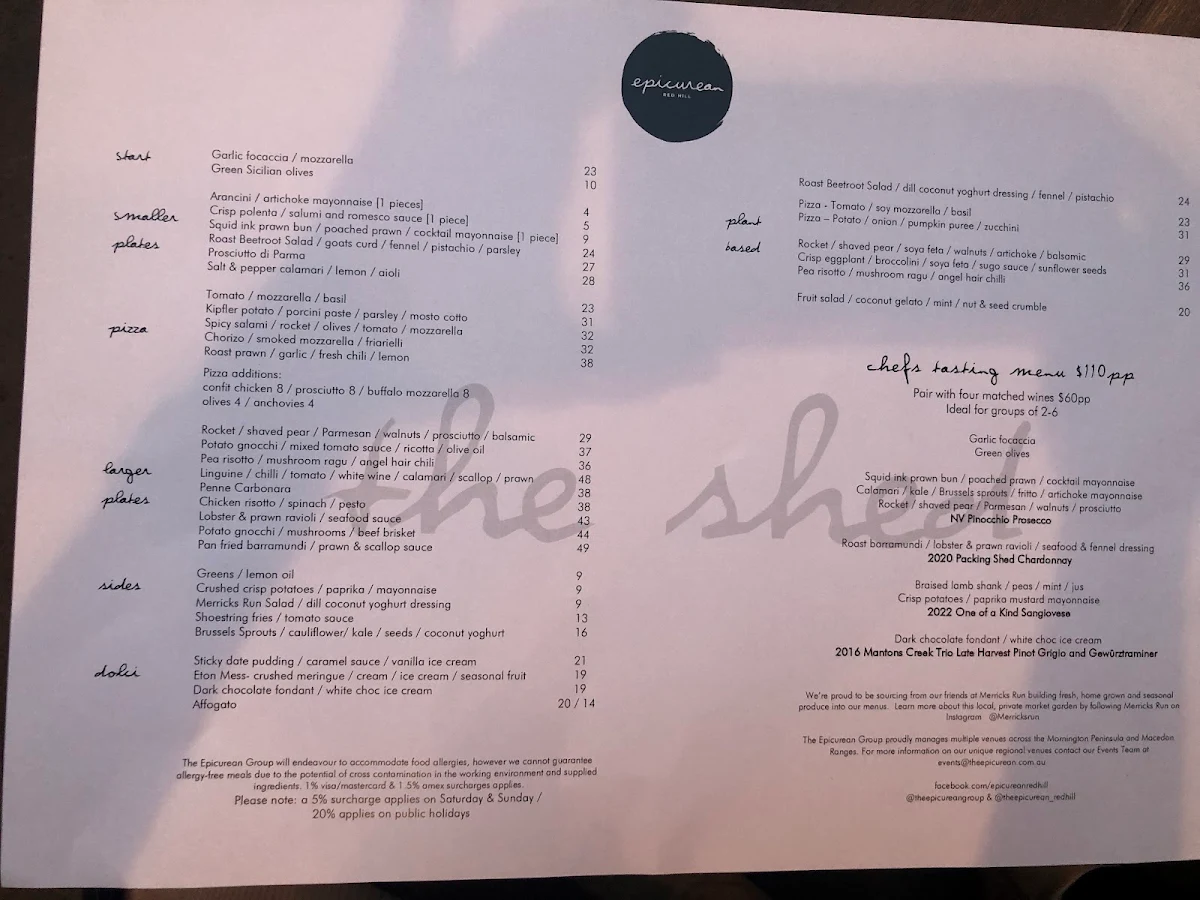 Menu, The Epicurean Red Hill