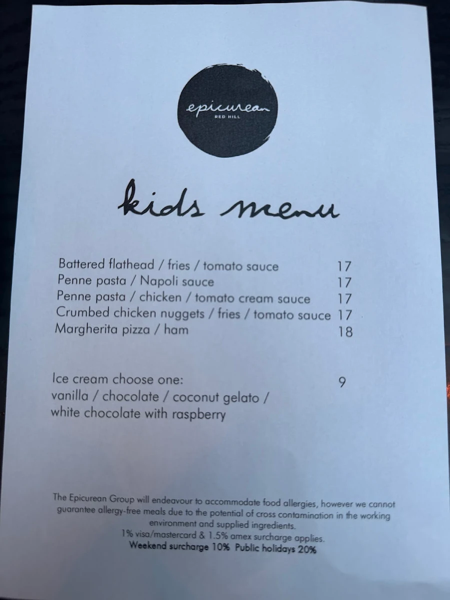 Menu, The Epicurean Red Hill