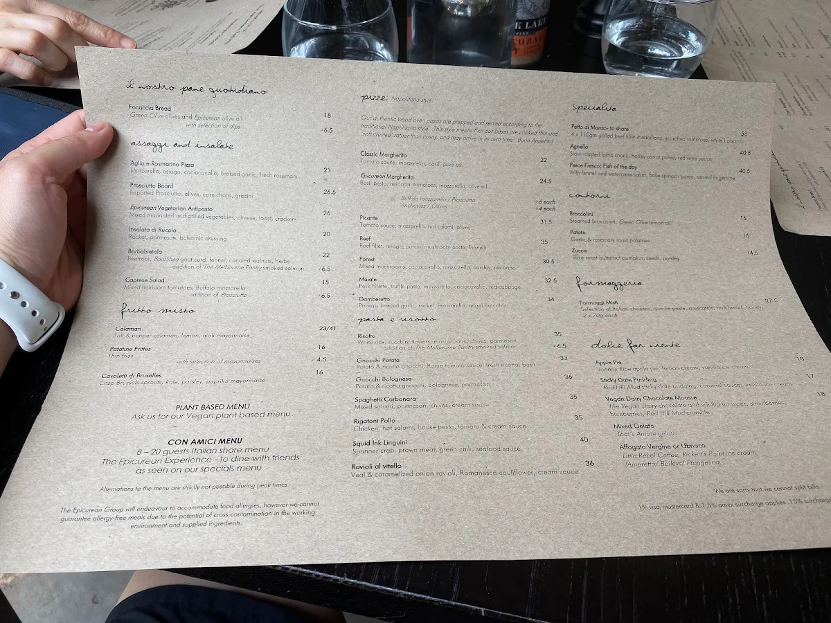 Menu, The Epicurean Red Hill