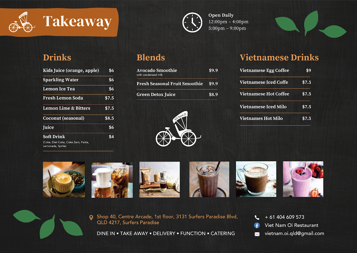 Menu, VietNam Oi (Vietnamese Restaurant Surfers Paradise)